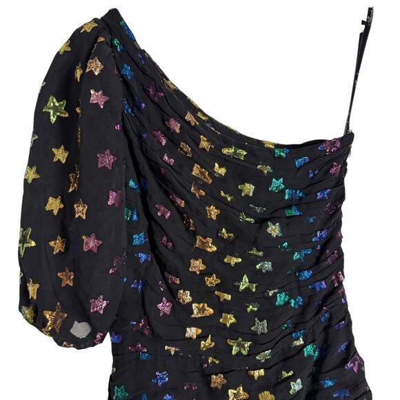 Shoshanna Ronnie Starry Night Black Rainbow Metallic Star One Shoulder Dress  6 - Picture 7 of 16
